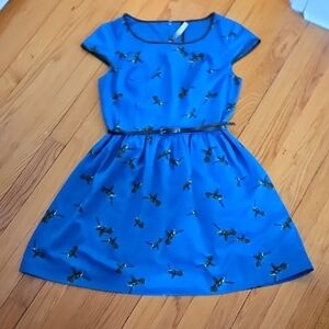 Kensie Blue A-Line Mini Dress, Cap Sleeves, Hummingbird Pattern, Belt, Zipper
